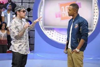 Whoa - Mac Miller talks with Terrence J about balancing having a girl and being in the road, FaceTime, Skype and pictures is how he holds his lady down at 106 &amp; Park, April 26, 2012. (Photo: John Ricard / BET)