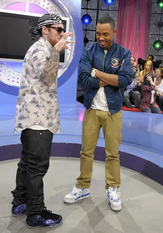 Here You Go - Mac Miller and Terrence J during a commercial break at 106 &amp; Park, April 26, 2012.&nbsp; (Photo: John Ricard / BET)