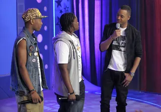 Join In - W.o.W contestant D.M.B with Terrence J at 106 &amp; Park, April 25, 2012. (Photo: John Ricard / BET)