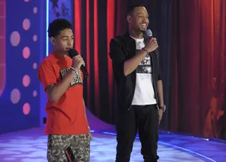 Get On It - W.o.W contestant Shaun Sloan with Terrence J at 106 &amp; Park, April 25, 2012. (Photo: John Ricard / BET)