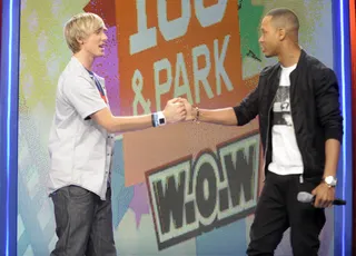 Nice - W.o.W winner Hunter O'Neal greets Terrence J at 106 &amp; Park, April 25, 2012. (Photo: John Ricard / BET)