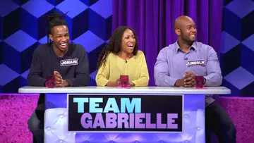 Actor/comedian Gabrielle Dennis and her team on episode 107 of BET's New game show Face Value.