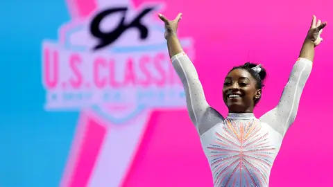 INDIANAPOLIS, INDIANA - MAY 22: Simone Biles smiles after competing her floor routine during the 2021 GK U.S. Classic gymnastics competition at the Indiana Convention Center on May 22, 2021 in Indianapolis, Indiana. (Photo by Emilee Chinn/Getty Images)