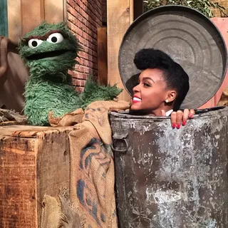 Janelle Monáe @janellemonae - Janelle loves the kiddies! She gets silly on set with Oscar the Grouch for her episode on the children's cult classic Sesame Street this week.(Photo: Janelle Monae via Instagram)