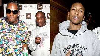 Bape - Japanese clothing brand Bathing Ape has been around since the ‘90s. However, the brand didn’t become a household name until Pharrell started repping the brand’s now iconic sweaters and sneakers in the 2000s. (Photos from Left: Jamie McCarthy/WireImage for Rogers &amp; Cowan, Theo Wargo/WireImage)