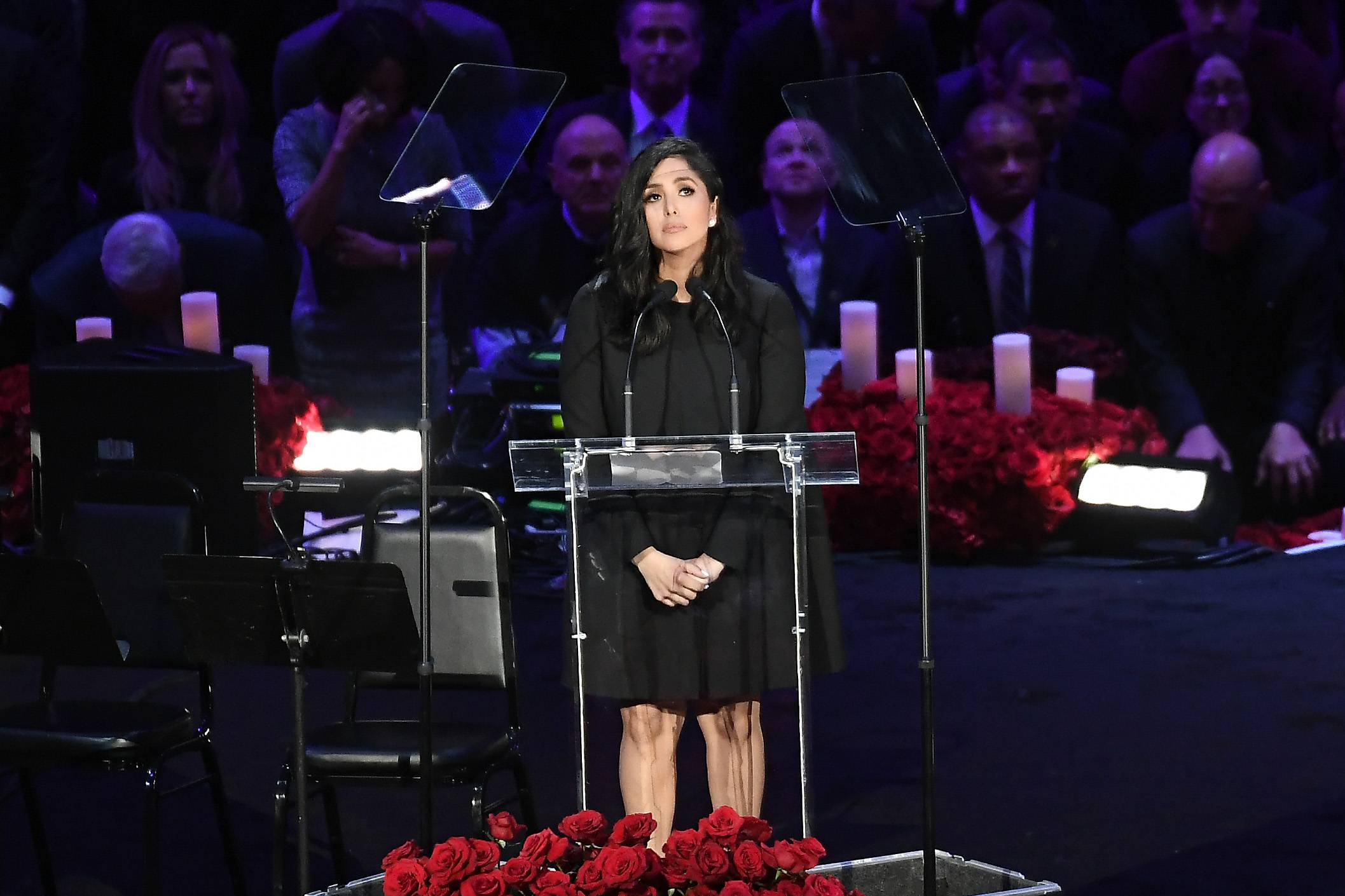 LOS ANGELES, CALIFORNIA - FEBRUARY 24: Vanessa Bryant speaks during The Celebration of Life for Kobe & Gianna Bryant at Staples Center on February 24, 2020 in Los Angeles, California. (Photo by Kevork Djansezian/Getty Images)