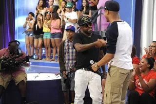 Cool Bro - Jermaine Dupri and Pharrell hit the stage at 106 &amp; Park, June 22, 2012. (Photo: John Ricard / BET)