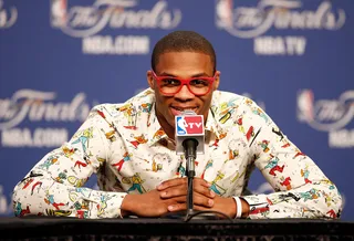 Russell Gets Nerdy - All we know is that nobody does geek chic quite like Russell Westbrook. Check the pic if you don't believe us. From the specs to the shirt, Russell has geek chic down!Photo: Mike Ehrmann/Getty Images)