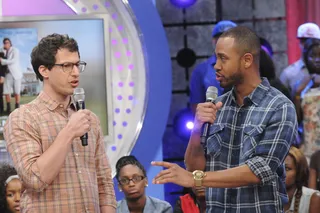 One Sec - Andy Samberg and Terrence J on 106 &amp; Park, June 14, 2012. (Photo by: Dane Delaney / BET)