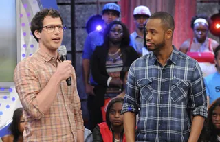Funny - Andy Samberg and Terrence J on 106 &amp; Park, June 14, 2012. (Photo by: Dane Delaney / BET)