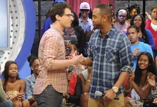 Holla - Andy Samberg and Terrence J on 106 &amp; Park, June 14, 2012. (Photo by: Dane Delaney / BET)
