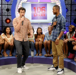 Get Down - Andy Samberg and Terrence J on 106 &amp; Park, June 14, 2012. (Photo by: Dane Delaney / BET)
