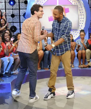 Whats Good - Andy Samberg and Terrence J on 106 &amp; Park, June 14, 2012. (Photo by: Dane Delaney / BET)