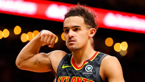ATLANTA, GEORGIA - FEBRUARY 09:  Trae Young #11 of the Atlanta Hawks reacts after drawing a foul on a basket in the second half against the New York Knicks at State Farm Arena on February 09, 2020 in Atlanta, Georgia.  NOTE TO USER: User expressly acknowledges and agrees that, by downloading and/or using this photograph, user is consenting to the terms and conditions of the Getty Images License Agreement.  (Photo by Kevin C. Cox/Getty Images)
