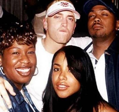 Timbaland, @timbaland - Up jump the boogie... Two of the illest to &quot;Busa Rhyme,&quot; Misdemeanor and Slim Shady, pose for the camera with the late great Aaliyah and super-producer Timbaland.(Photo: Timbaland via Instagram)