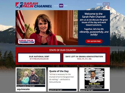 Must See TV? - Former Alaska governor Sarah Palin has launched an internet television channel. The Sarah Palin Channel aims to &quot;discuss the important issues of the day and work toward solutions.&quot; The site features a word, quote and image of the day and counters tracking the national debt and the number of days left in the Obama administration.  (Photo: SarahPalinChannel.com)