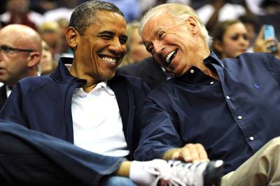Living the Dream - Obama and Biden yuck it up as the U.S. Senior Men's National Team and Brazil play during a pre-Olympic exhibition basketball game at the Washington, D.C., Verizon Center on July 16, 2012.(Photo: Patrick Smith/Getty Images)
