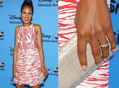 Kerry Washington - The Scandal star married San Francisco 49ers cornerback Nnamdi Asomugh in a secret ceremony on June 24, 2013. Keeping with her timeless style, Kerry's ring looks to be channel set with diamonds all around and is worn alongside a simple gold band.  (Photos from left: Paul A. Hebert/Getty Images, AdMedia / Splash News)