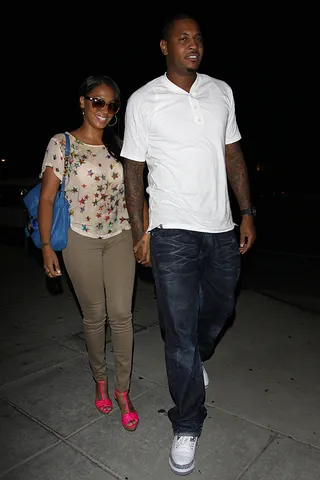 Date Night - La La Vasquez and hubby, NY Knicks baller Carmelo Anthony, after dinner at Matsuhisa restaurant in Los Angeles. Her new reality series, La La's Full Court Life, chronicles the family's move from Denver to NY and how La La juggles motherhood, career and life as a basketball wife. It airs August 22 at 9pm. (Fame Pictures, Inc)