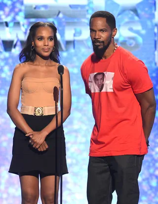 BET Awards 2012 – July 2012 - Months before Django Unchained hit theaters, Jamie Foxx and Kerry Washington were at BET Awards 2012 promoting the movie. Foxx showed support for Trayvon Martin by wearing this T-shirt during his presentation.(Photo: Michael Buckner/Getty Images For BET)