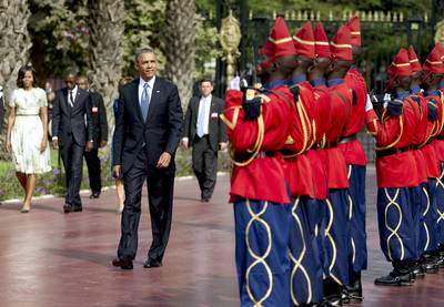 Bienvenue - Obama is welcomed by a Senegalese honor guard as he arrives at the presidential palace in Dakar, Senegal, the first stop in a week-long trip to Africa.  (Photo: AP Photo/Carolyn Kaster)