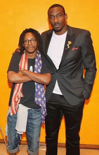 Rapper's Delight - Lupe Fiasco&nbsp;happily poses with New York Knicks baller&nbsp;Amar'e Stoudemire&nbsp;at a private screening of Little Ballers&nbsp; at the Times Center in Manhattan.  (Photo: Jerritt Clark/Getty Images)