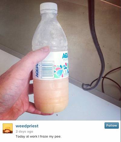 Urine-a-Lot-of-Trouble - Cameron Boggs, who posted the explicit photo of Jett's genitalia, also posted a shot of a water bottle filled with a yellow substance. The caption read, &quot;Today at work I froze my pee.&quot; Boggs and Jett also posted pictures of foot-long bread that had been molded into the shape of a penis. On July 22, Subway announced that both Jett and Boggs had been fired. (Photo: Instagram via Cameron Boggs)
