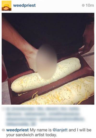 Eat (Not-So) Fresh - Thanks to the Internet, the gag-inducing food pranks carried out by workers in popular restaurants have been brought to light, bringing a whole new meaning to the adage &quot;you are what you eat.&quot; — Britt MiddletonOn Instagram, an Ohio Subway employee recently posted a shot of his co-worker rubbing his penis across foot long bread along with the caption, &quot;My name is @ianjett and I will be your sandwich artist today.&quot; Attempting to clear up his actions, &quot;sandwich artist&quot; Ian Jett told the Huffington Post that while it was him in the photo, &quot;I would never do that at work -- it was at home. This isn't something I'd ever do at Subway. It was totally a joke.&quot; (Photo: Instagram via IanJett)