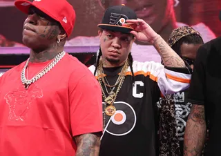 Hat Trick - Gudda Gudda tips his hat off to Birdman while on 106.&nbsp;&nbsp;(Photo: Rob Kim/BET/Getty Images for BET)
