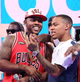 Chicago Meets Columbus - Mack Maine (L) and host Bow Wow share at laugh while on 106.&nbsp;&nbsp;(Photo: Rob Kim/BET/Getty Images for BET)