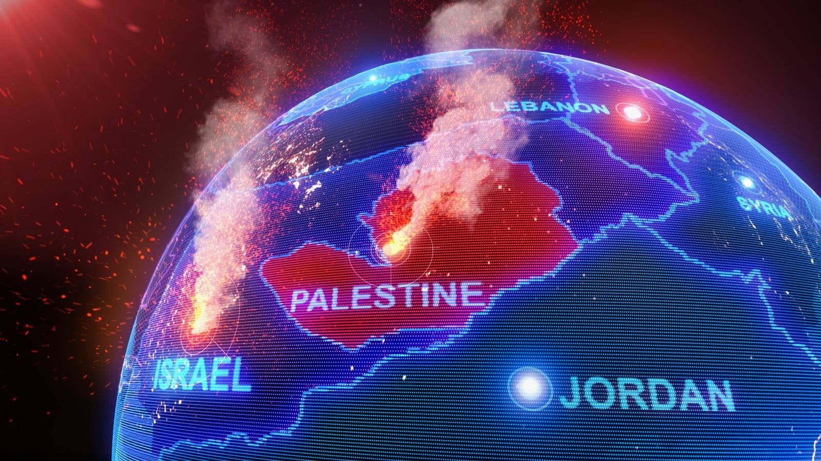 Close up Map of the middle east Countries with smoke, Israel–Palestine crisis, 3d rendering,