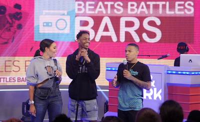 The Bars Continue - Hosts Bow Wow and Angela Simmons let Travi$ Scott spit his last 16 bars before he exits stage left on 106.&nbsp;(Photo:&nbsp; John Ricard/BET/Getty Images for BET)