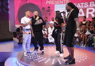 Chopping It Up - Hosts Angela Simmons and Bow Wow with Ace Hood and DJ Khaled on 106. (Photo: John Ricard/BET/Getty Images for BET)