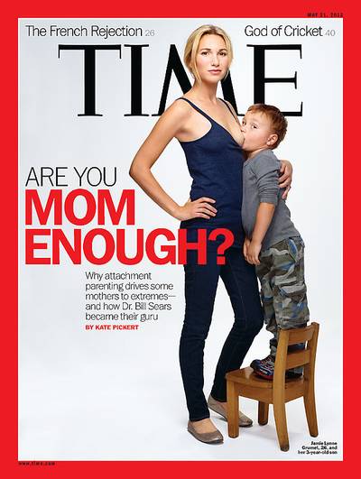 Mama Knows - Breastfeeding advocate Jamie Lynne Grumet was photographed with her then 3-year-old son suckling her bosom and she was almost immediately spoofed on SNL and in a commercial for a mobile phone. Postings of the pic were blurred on TV, blocked on newsstands, and many commentors derided her choice.(Photo: TIME Magazine, May 2012)