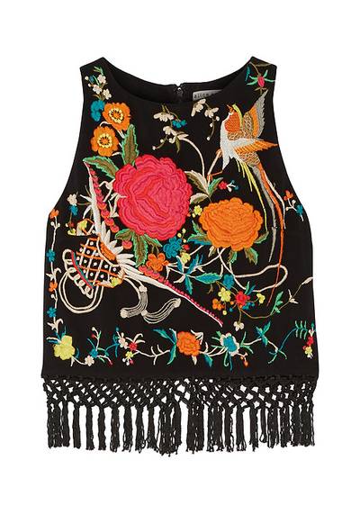 Alice + Olivia Clarice Macramé-Trimmed Embroidered Georgette Top ($330) - We adore the fringe and embroidery on this multicolored crop top.(Photo: ALICE + OLIVIA)
