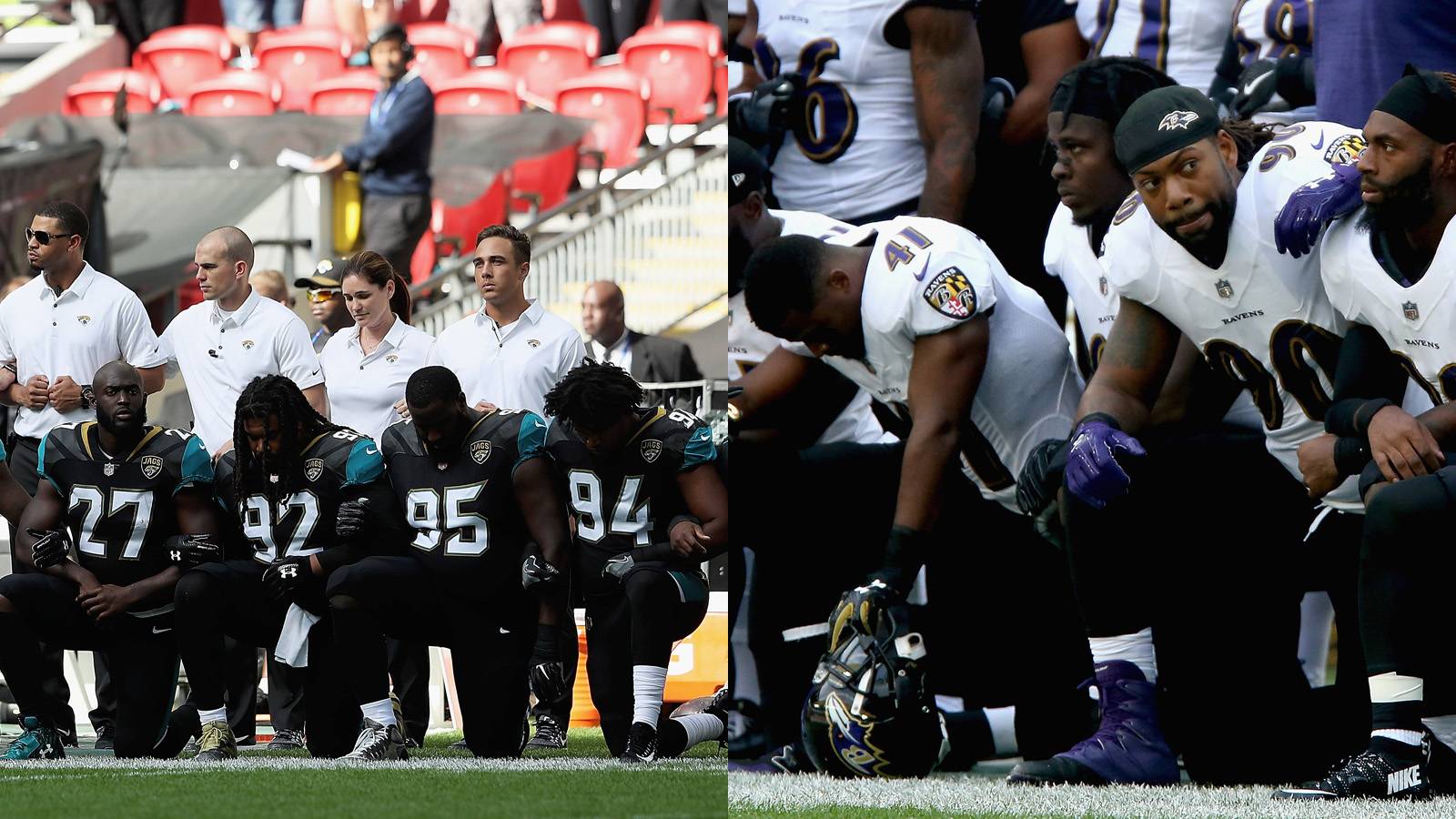 Players From the Baltimore Ravens and Jacksonville Jaguars Take A Knee  During The National Anthem, News