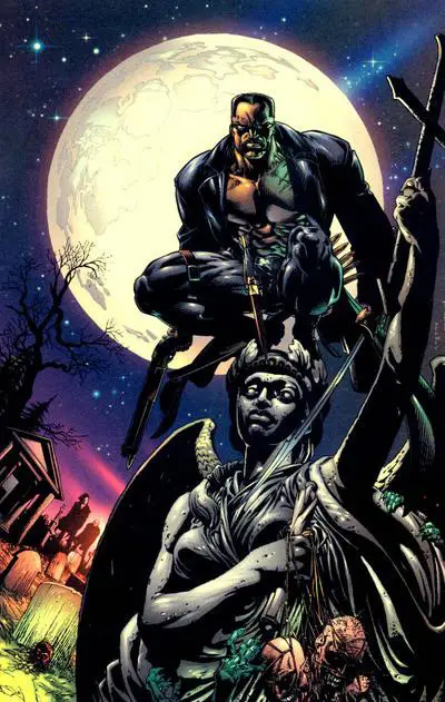 Blade - This vampire hunter superhero who favors wearing sunglasses at night was immortalized on film by Wesley Snipes, who played him in the Blade trilogy. Born in a whorehouse in England and trained by a jazz trumpeter and vampire hunter, Blade became an indestructible vampire-human hybrid.(Photo: Marvel Comics)&nbsp;