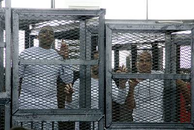 Egypt Court Denies Bail to Al Jazeera Staff - Three Al Jazeera journalists who have been detained in an Egyptian prison since Dec. 29, 2013, were denied bail on Monday. Peter Greste, Mohamed Fahmy and Baher Mohamed are being held on charges of terrorism and spreading false news.   &nbsp;(Photo: Heba Elkholy, El Shorouk/AP Photo)