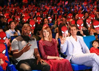 Fan Out - Jamie Foxx and his cast mates Emma Stone and Andrew Garfield attend The Amazing Spider-Man 2 Singapore Fan Event at Marina Bay Sands in Singapore. (Photo: Christopher Polk/Getty Images for Sony)
