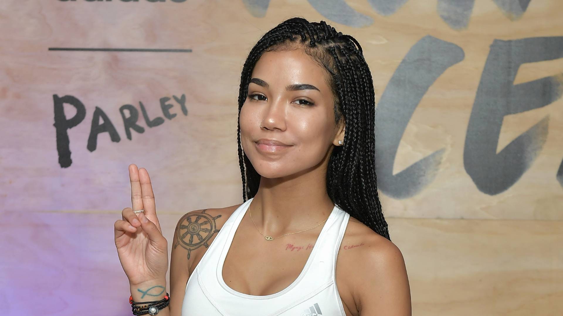 Singer Jhene Aiko attends adidas x Parley 'Run For The Oceans' event, harnessing the power of sport and continued fight against the threat of marine plastic pollution, at Temescal Park in Los Angeles, CA at Temescal Gateway Park on June 8, 2018 in Pacific Palisades, California. 