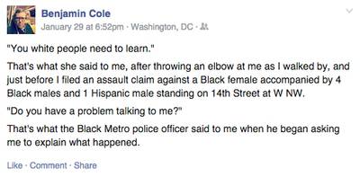 Post With Caution - Benjamin Cole, now former spokesman for Schock, has been forced to resign after racially charged Facebook posts came to light on Feb. 5. In the posts, of which ThinkProgress obtained screenshots, Cole mocked Black people walking down his street and compared them to zoo animals. &quot;I am extremely disappointed by the inexcusable and offensive online comments made by a member of my staff. I would expect better from any member of my team. Upon learning about them, I met with Mr. Cole and he offered his resignation which I have accepted,&quot; the congressman said.&nbsp;(Photo: Benjamin Cole via Facebook)