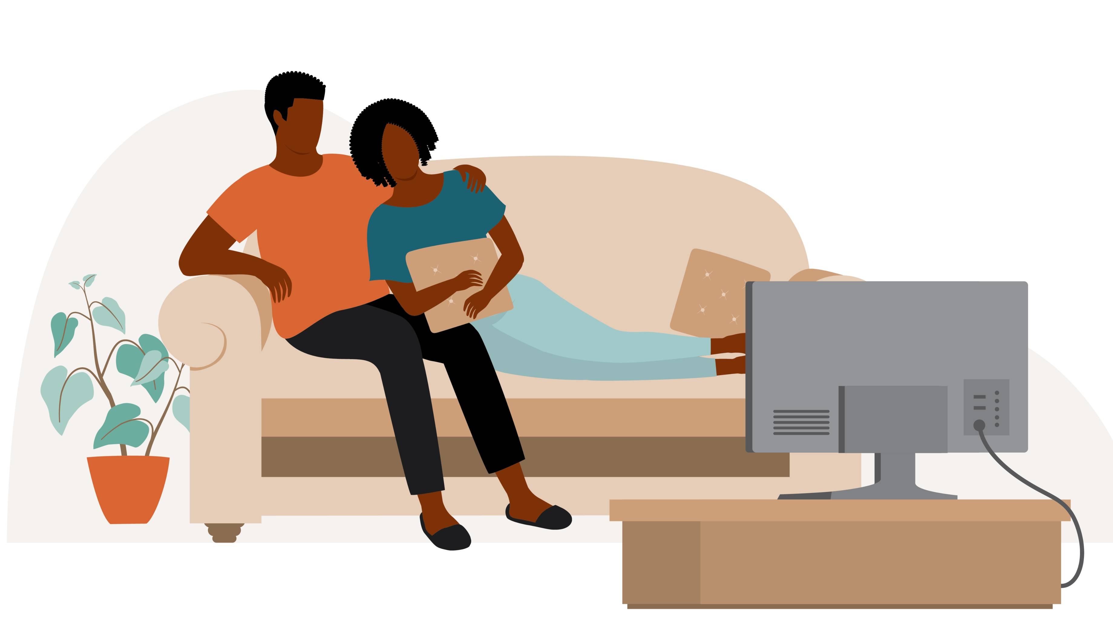 Stock illustration. Black Couple Watching TV On Couch Together. 