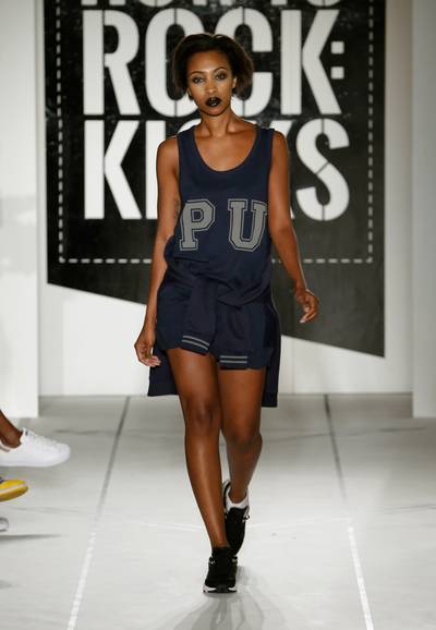 Black Magic - Check out this model walking the runway in stylish lounge wear&nbsp;with navy kicks from the Va$htie x Puma collection. Fresh.(Photo: JP Yim/Getty Images)