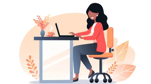 
Illustration of a young woman with dark hair works on a laptop.