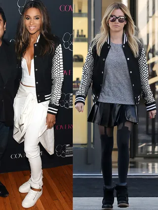 Ciara and Ashley Tisdale - Ciara's chic all-white ensemble makes her&nbsp;Skingraft python-cut varsity jacket really pop! The coat just gets lost in Ashley's busy getup.  (Photos from left: Dimitrios Kambouris/Getty Images, Survivor, PacificCoastNews)