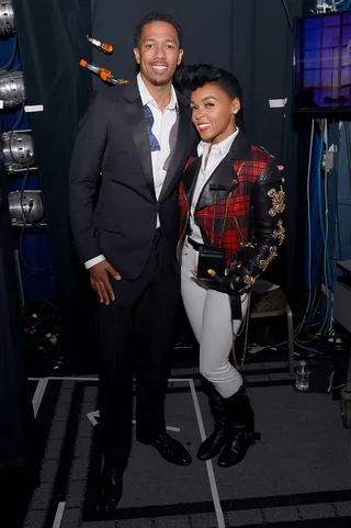 Say Cheese - Host Nick Cannon&nbsp;and honoree Janelle Monae pose with the Breakthrough Award for Music at the Variety Breakthrough of the Year Awards during the 2014 International CES at the Las Vegas Hotel and Casino in Las Vegas. (Photo: Bryan Steffy/Getty Images for Variety)
