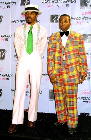 Rapper's Delight - We’ll never forget Dre and Big Boi's peculiar take on the 1920s distinguished gentleman look at the 2003 VMAs.   (Photo: WENN)