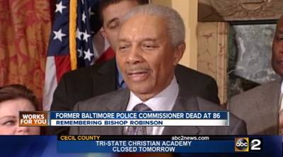 Baltimore's First African-American Police Commissioner Dead - Bishop L. Robinson died at the age of 86 on Jan. 6. Robinson joined the Baltimore police department in 1952 and rose through the ranks. He broke racial barriers, becoming the first Black police commissioner of the city from 1984 to 1987.&nbsp;(Photo: Courtesy of WMAR Baltimore)