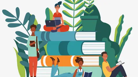 Illustration of young people group reading books. 