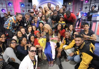 Group Shot - Lil Kim with fans at 106 &amp; Park, March 9, 2012. (Photo: John Ricard / BET)